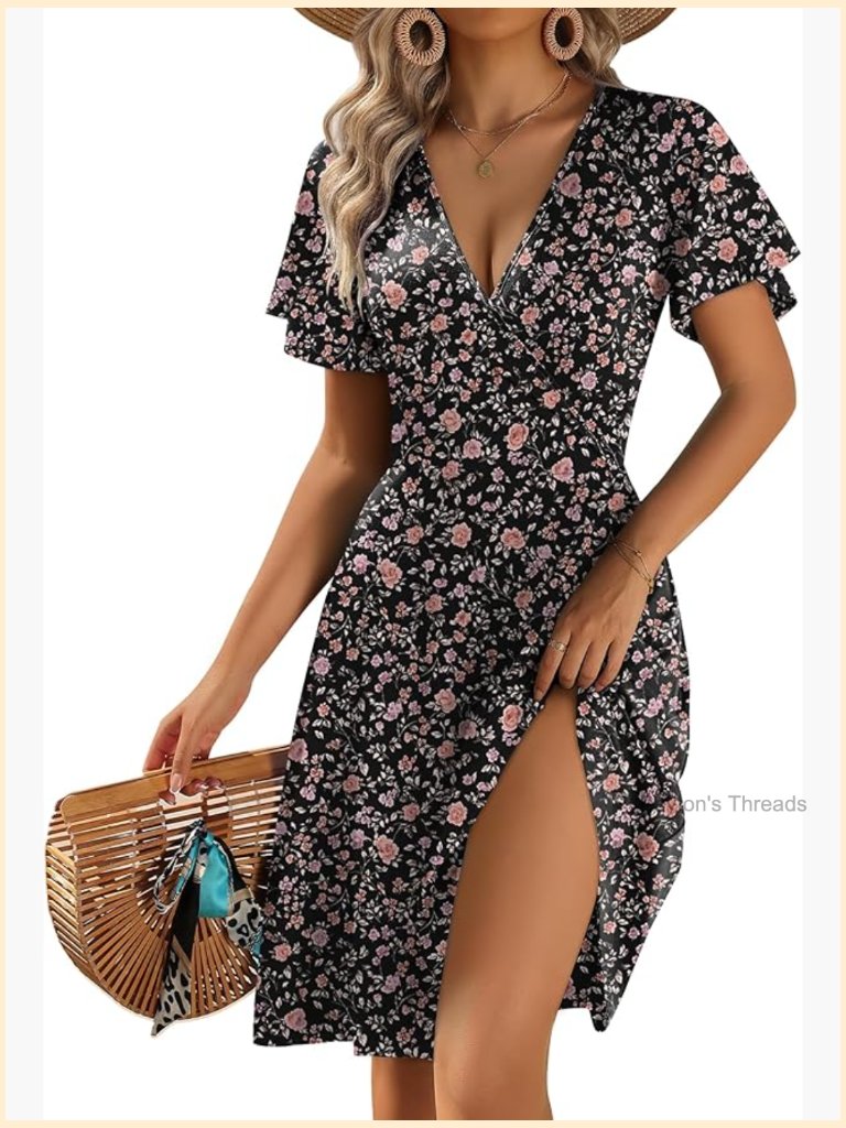 Women's Wrap V Neck Dress With Ruffle Sleeves & Pockets